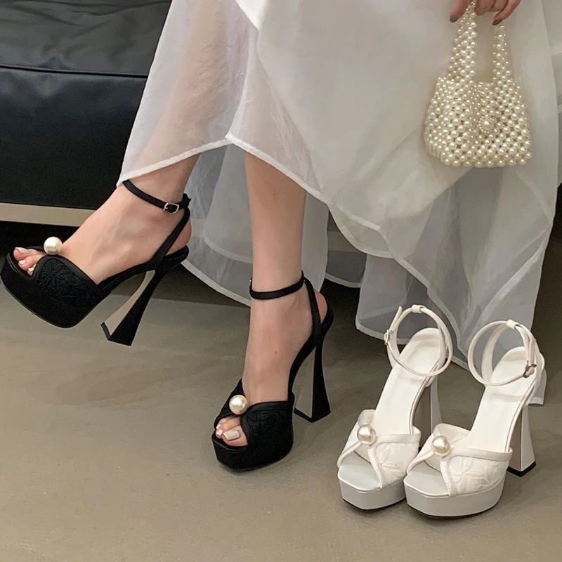 Eilyken New Summer Fashion Peep Toe Sandals Women Buckle Strap Mesh Satin Pearl Square Heels Party Shoes Zapatos De Mujer image 3