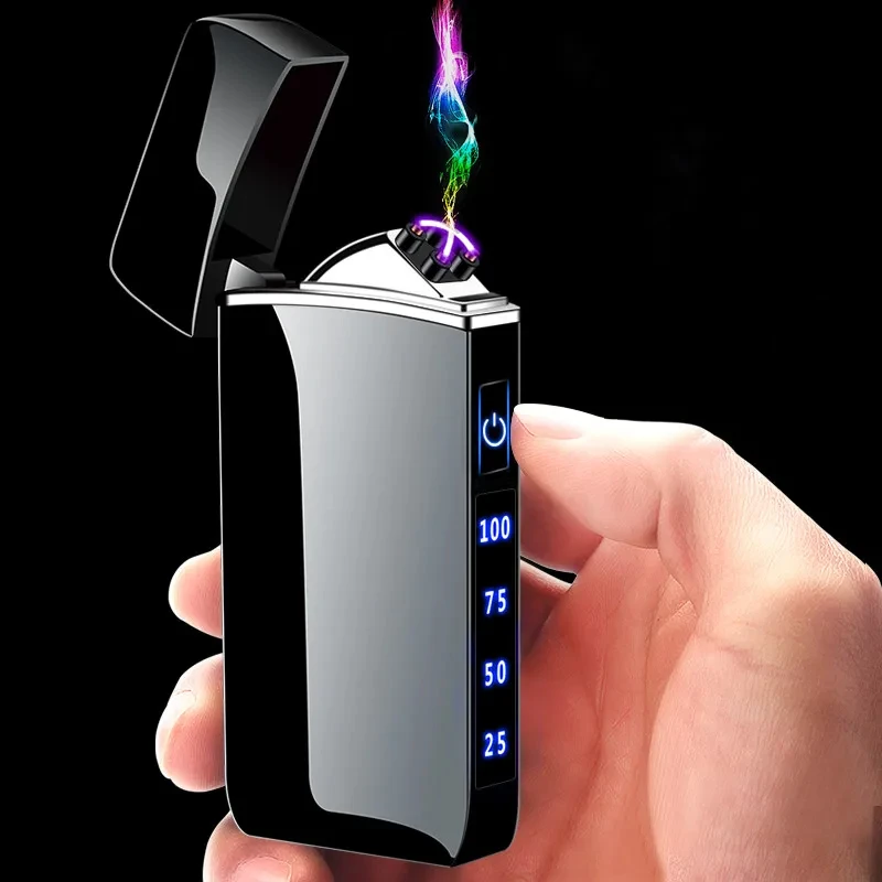 Electric Metal Windproof Double Arc Pulse Lighter, Flameless Plasma Charging, USB, LED Power Display, Touch Lighter, Men\'s Gift