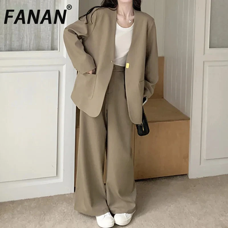 

FANAN Women’s 2 Piece Set 2025 New Khaki V-Neck Blazer & Pants Set Lightweight Autumn Oversized Minimalist Street Style Co-ord