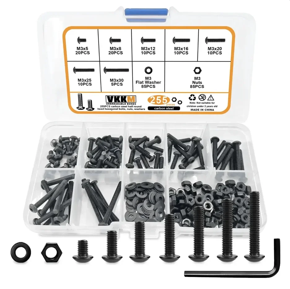 255 шт. винты с шестигранной головкой M3, M3x5/8/12/16/20/25/30 мм, черные винты с шестигранной головкой, набор в ассортименте