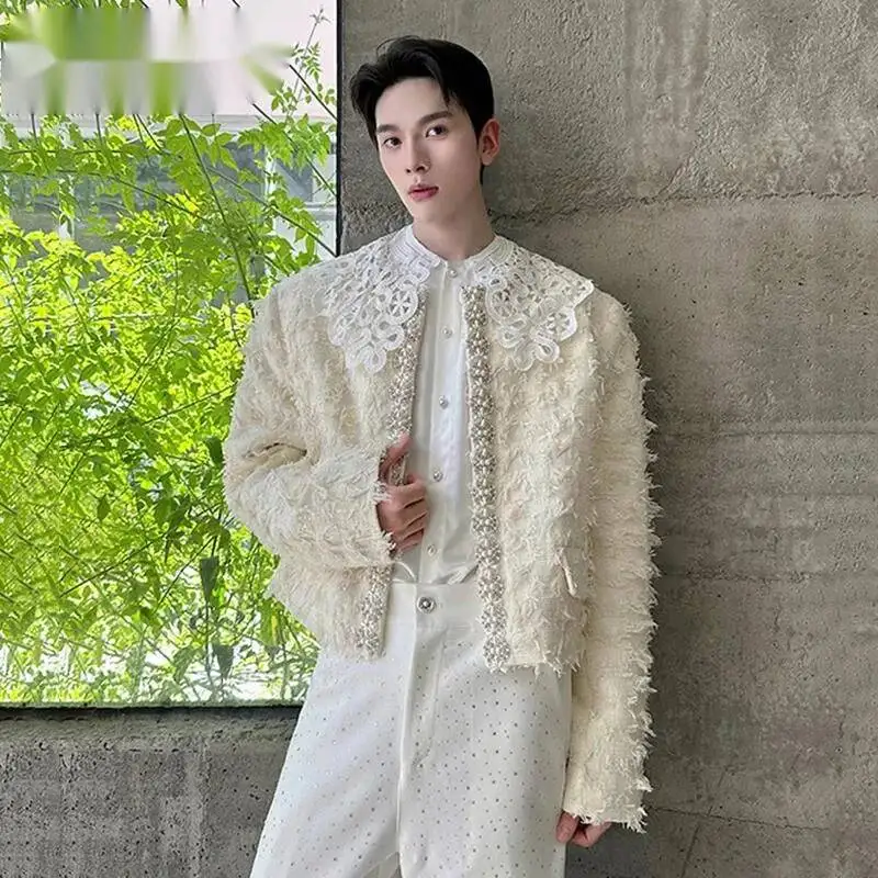 New Fashion Men's Short Blazer Beaded Floral Three Dimensional Embroidery Suit Jacket Korean Style Male Blazers 9XH2TQ