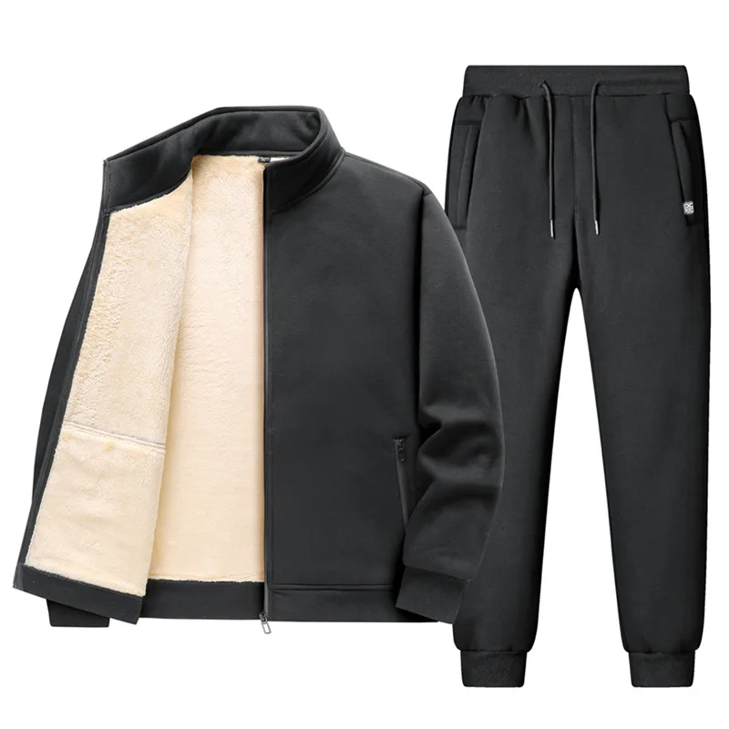 Winter Warm Cashmere Sets Thermal Hoodies Fleece Tracksuit Hooded Windproof Male Running Sportswear 2 Pieces Jacket + Pants 2025