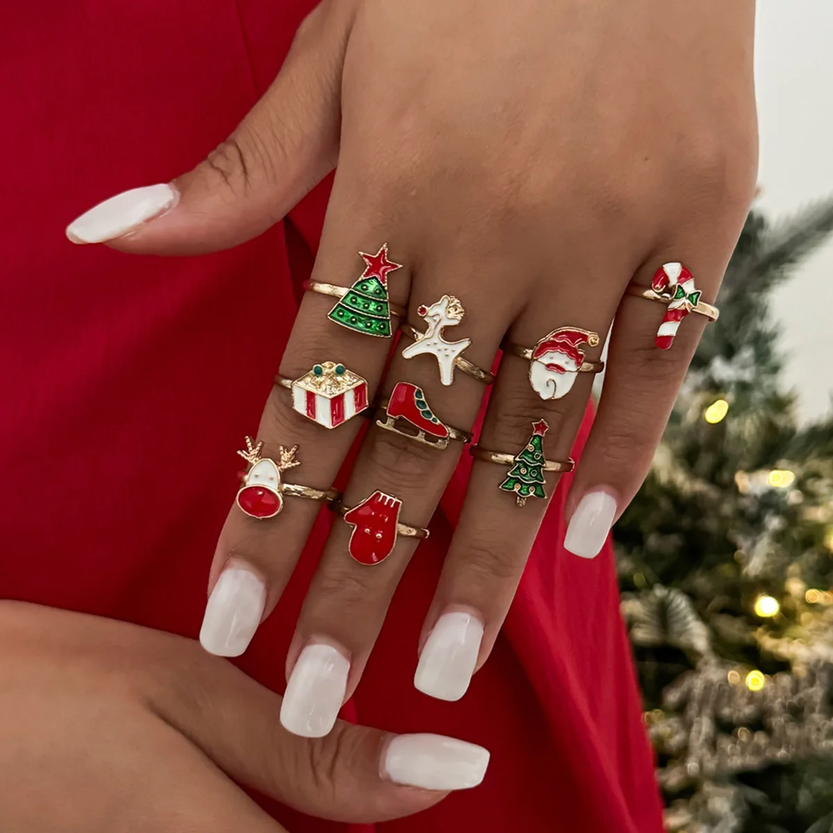 

SHIXIN 9pcs/set Cute Christmas Tree Adjustable Rings Women Trendy Santa Claus Elk Gold Color Knuckle Rings Set Christmas Gifts