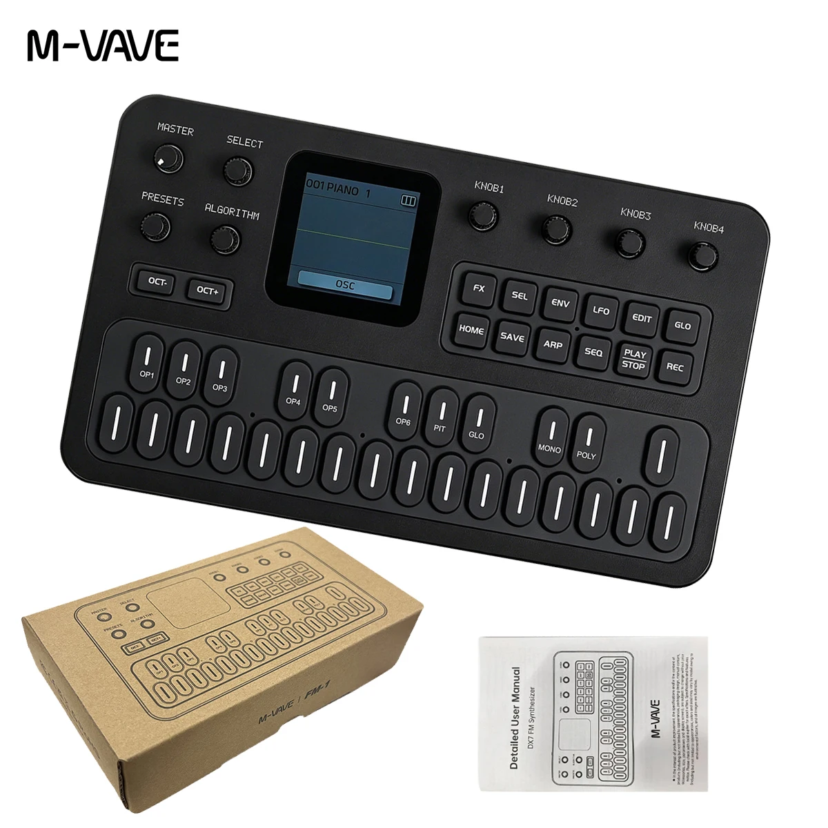 M-VAVE FM-1 (SK15) Black FM Synthesizer – 6-Operator Engine, 128 Sounds, Arpeggiator, Sequencer, Effects, USB/Bluetooth MIDI