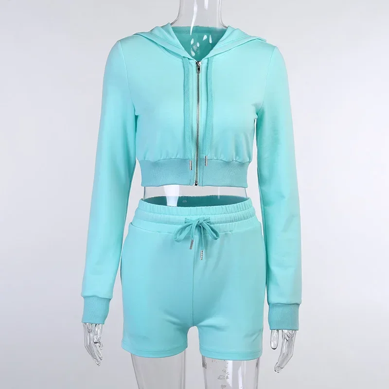 Fashion and Sporty Sweatsuits Ladies Two-piece Zippered Cropped Hoodie and Shorts Matching Suit Sportswear Shorts Set for Women