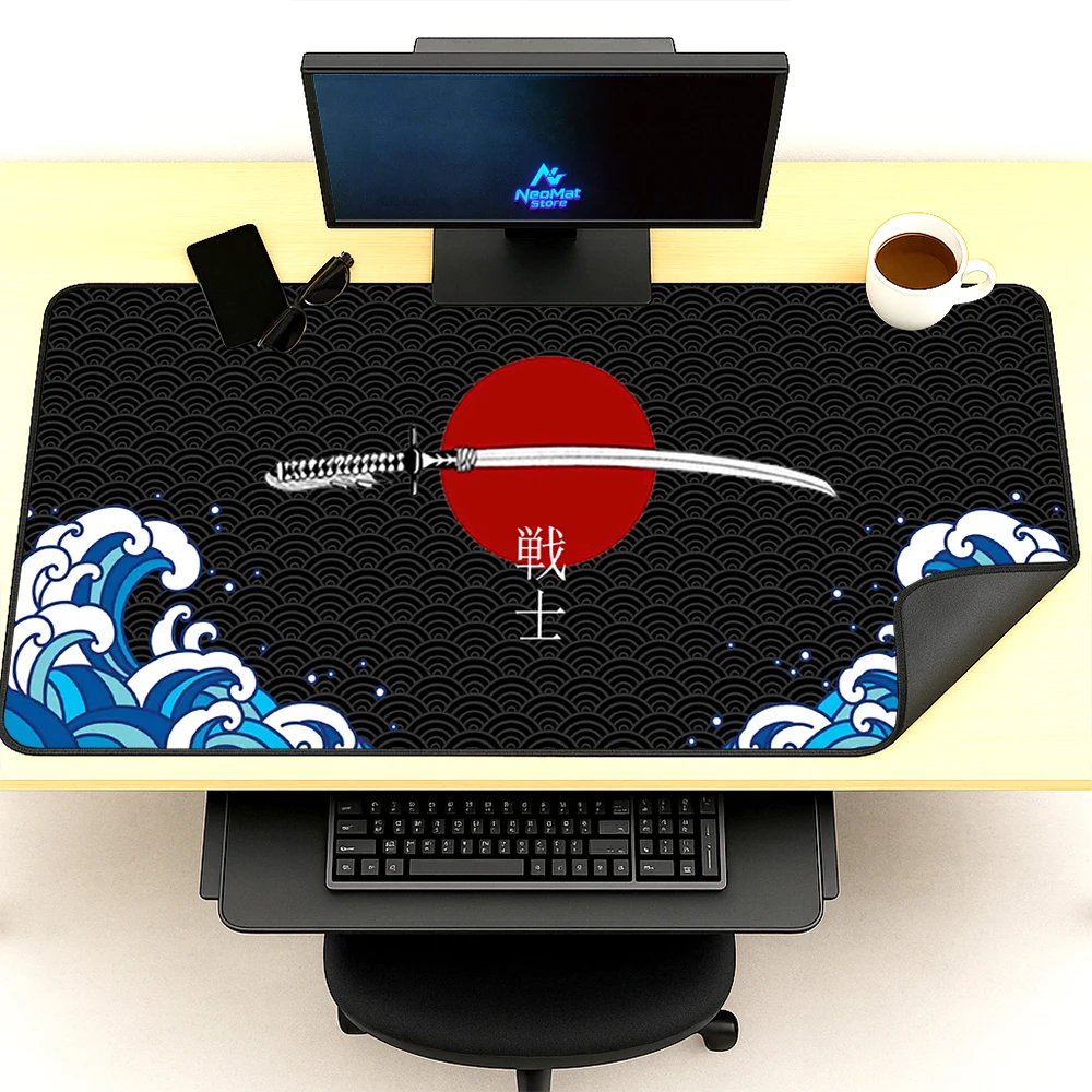 Japanese Desktop Mat Oversized Large Blue Waves 140x60cm Gaming 1800mm Office Thick Stain Resistant Study Premium Pc Accessories