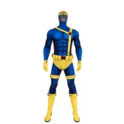 Cyclops Scott Summers Anime Uniform Cosplay Costume Outfit Halloween Carnival Bodysuit with Leather Belt and Headgear