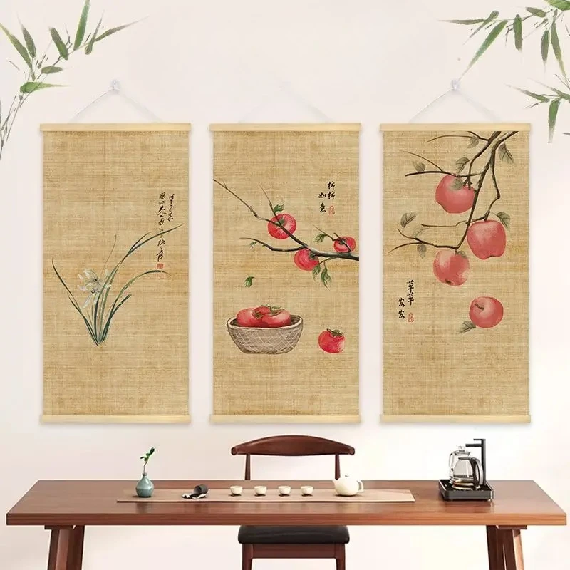 Chinese Bamboo Scroll Tapestry Wall Hanging, Zen Meditation Ink Art for Tea Room Living Room House Decor​