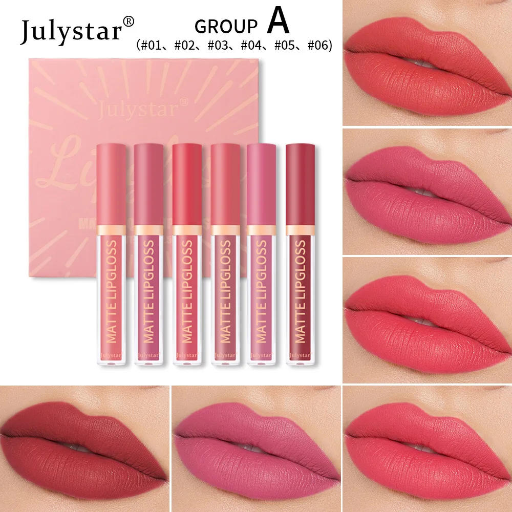 Julystar-マットな口紅リップスティックセット,女性用化粧品,リップグロス化粧品,色あせない,表面,耐久性,2つのスタイル,ボックスあたり6個