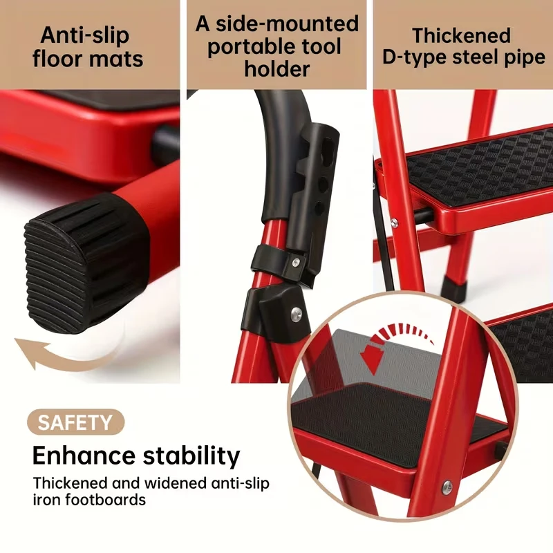 4-step - Heavy duty folding ladder, compact and foldable, saving storage space. Thick integrated metal frame with high load-bearing capacity and long service life. Wide anti slip steps, stable and comfortable standing. Very suitable for home, garage, and
