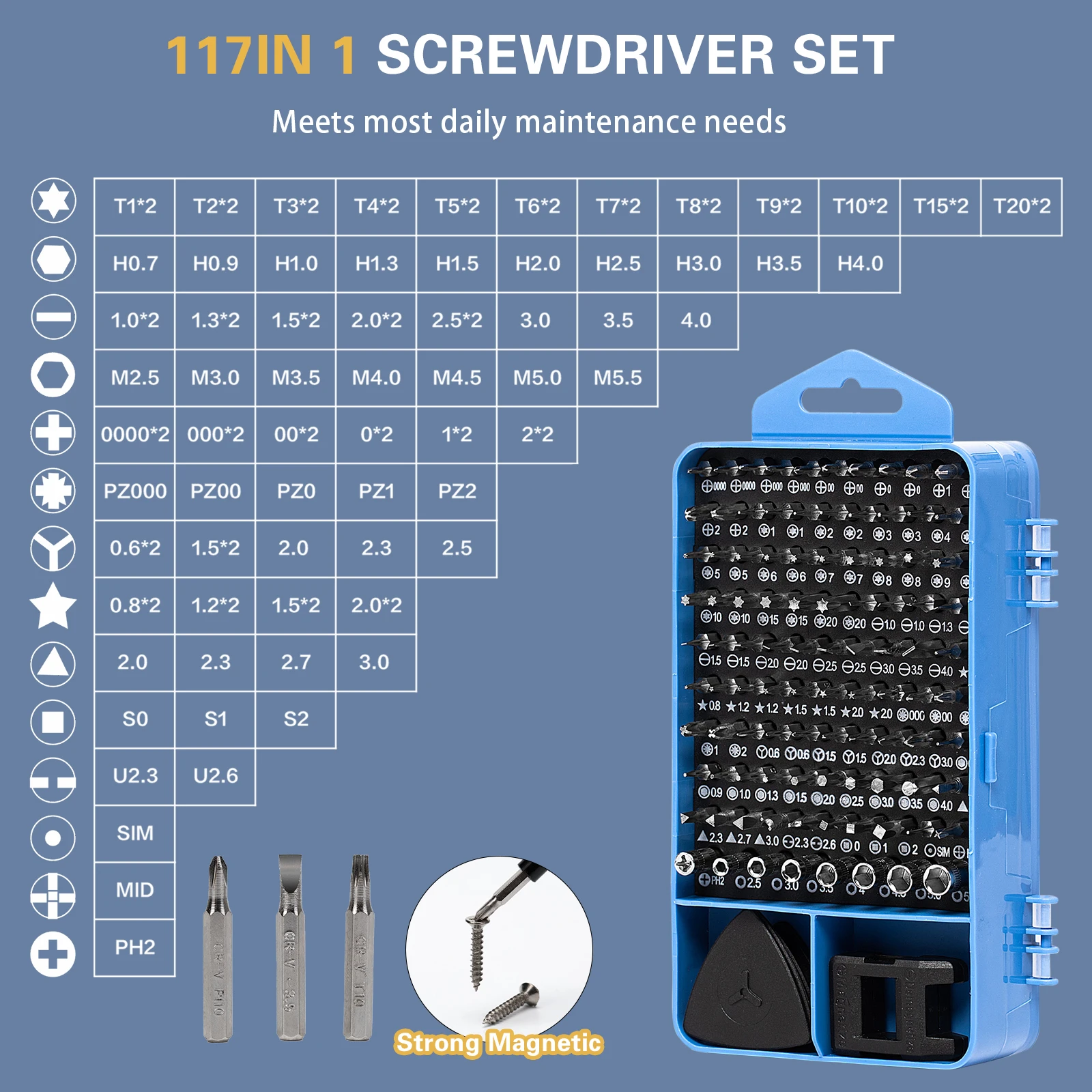 Precision Screwdriver Set 117 in 1 Magnetic Torx Phillips Hex Magnetic Drill Bit Multi-Function Mini Hand Repair Tool Kit Blue