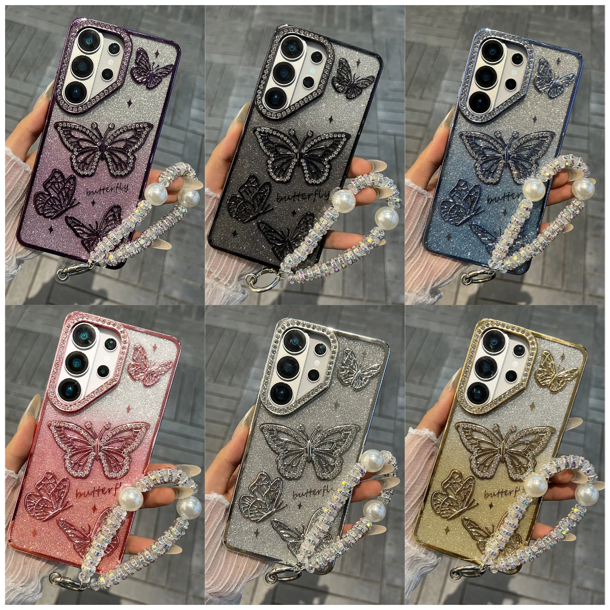 Women Girl's Diamond Butterfly Case for Samsung S26 Ultra S26 Plus S26 S25Ultra S24 S25 S24 FE A26 A16 Transparent Plating Cover
