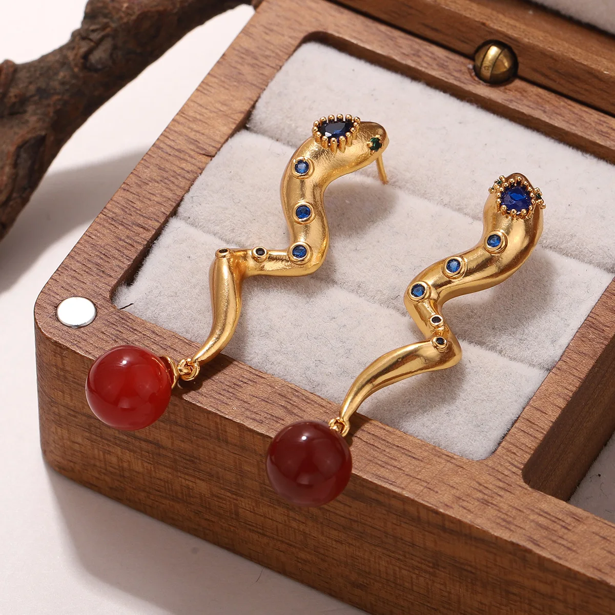 Creative Gold Color Snake Earrings with Embedded Blue Stones & Red Stone Dangles - Women's Fashion Jewelry Unique Ear Wear