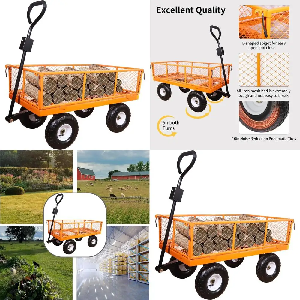 

1000 lbs Capacity Heavy-Duty Metal Garden Cart with Removable Steel Sides and 180° Rotating Handle, 10 Inch Wheels, 4cu.ft Outdo