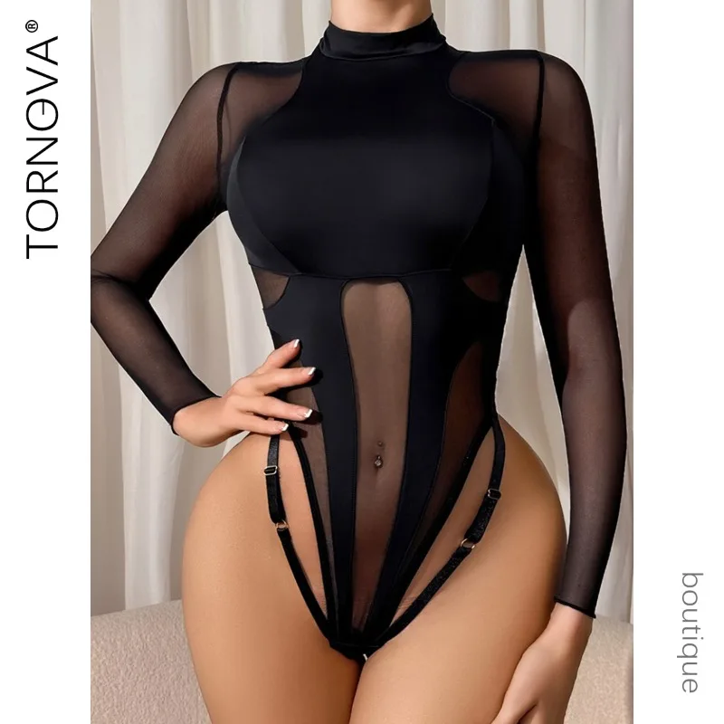 Toucheart malha sexy bodysuit magro retalhos cor sólida transparente feminino premium oco sedutor interessante conjunto de lazer