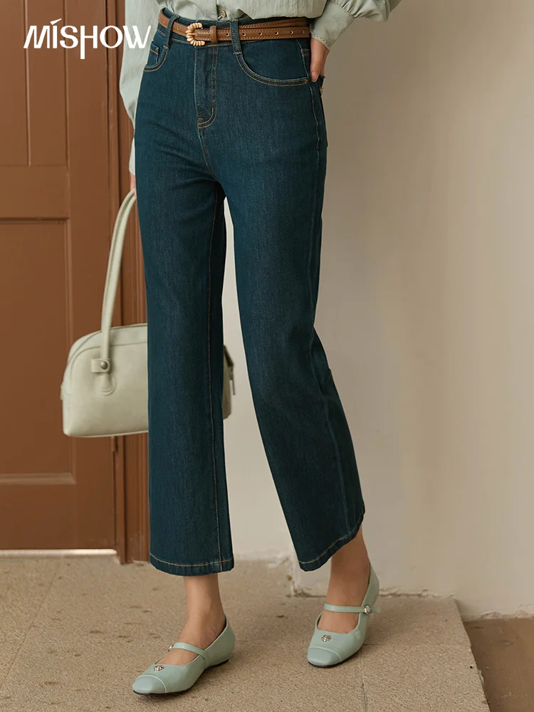 

MISHOW Women's Denim Pants 2025 Autumn High Waist Slim Straight Leg Jeans Stretch Cropped Ankle Length Retro Trousers MXE42K1027