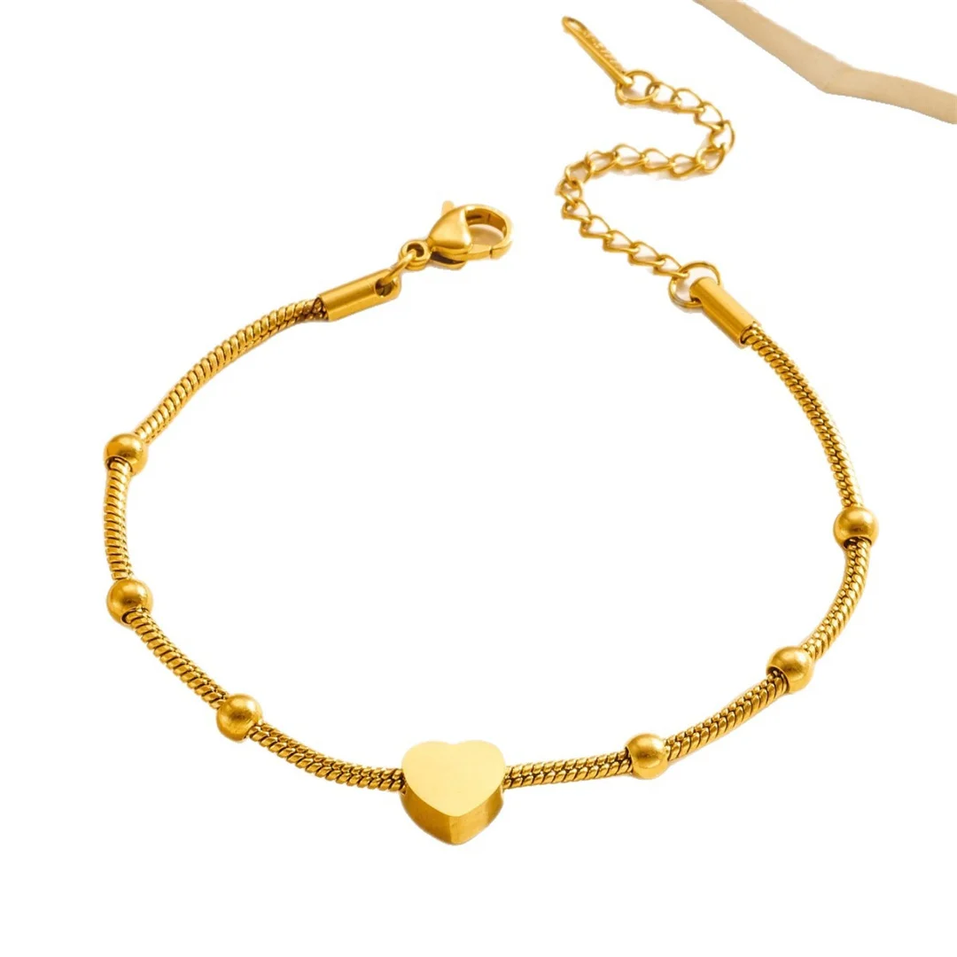 Punk Fashion Love Heart Charm Bracelet Female Gold Color Stainless Steel Snake Bone Bead Chain Link Bracelets for Women Jewelry
