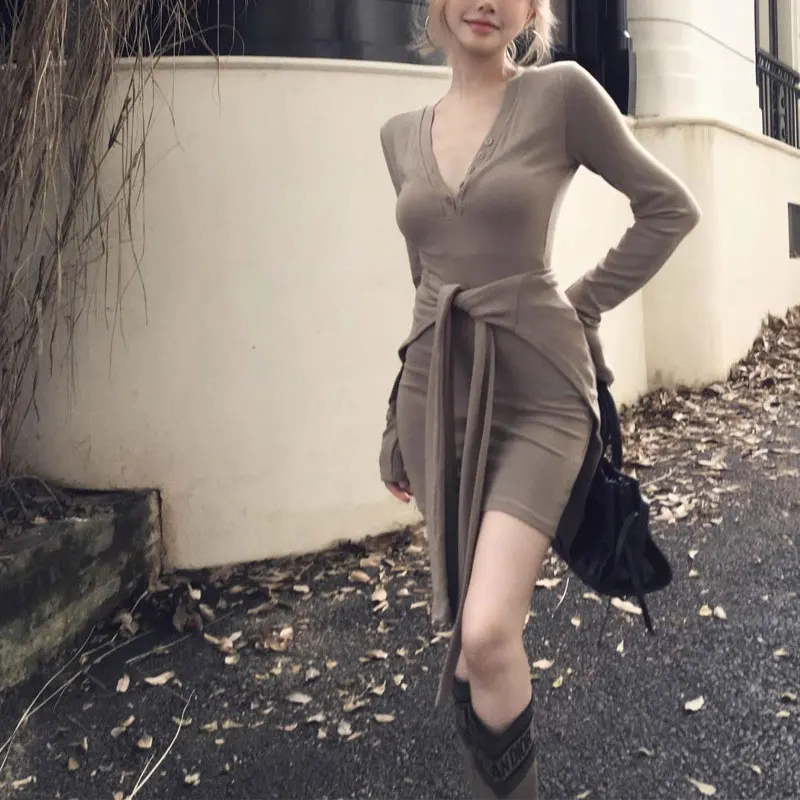 

Fake Two Pieces Bandage Dresses Female Clothing Fashion Patchwork Spring Autumn Slim Elegant Button V-Neck Bag Hip Mini Dress