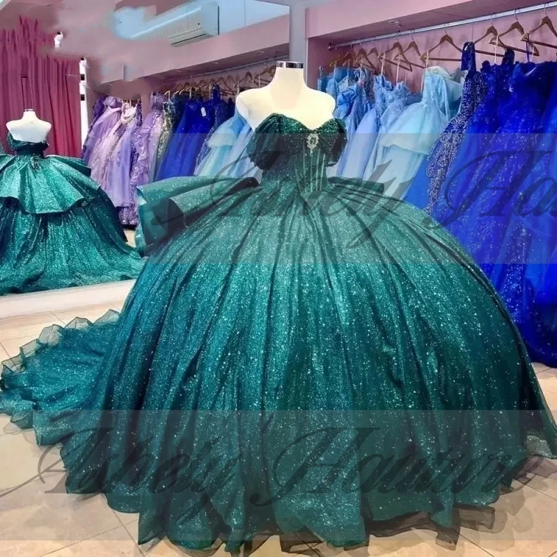 Personnalisé réel Pic brillant vert perles à lacets robe de bal balayage Train bal robe de fête d'anniversaire Quinceanera 15 16 robe 2025