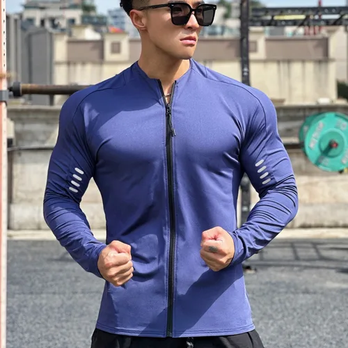 Imagen 2 del producto Mens Gym Sports Compression Shirt Casual Quick Dry Fitness Clothing Zipper Sweatshirt Slim Training Running Long Sleeve T-shirt