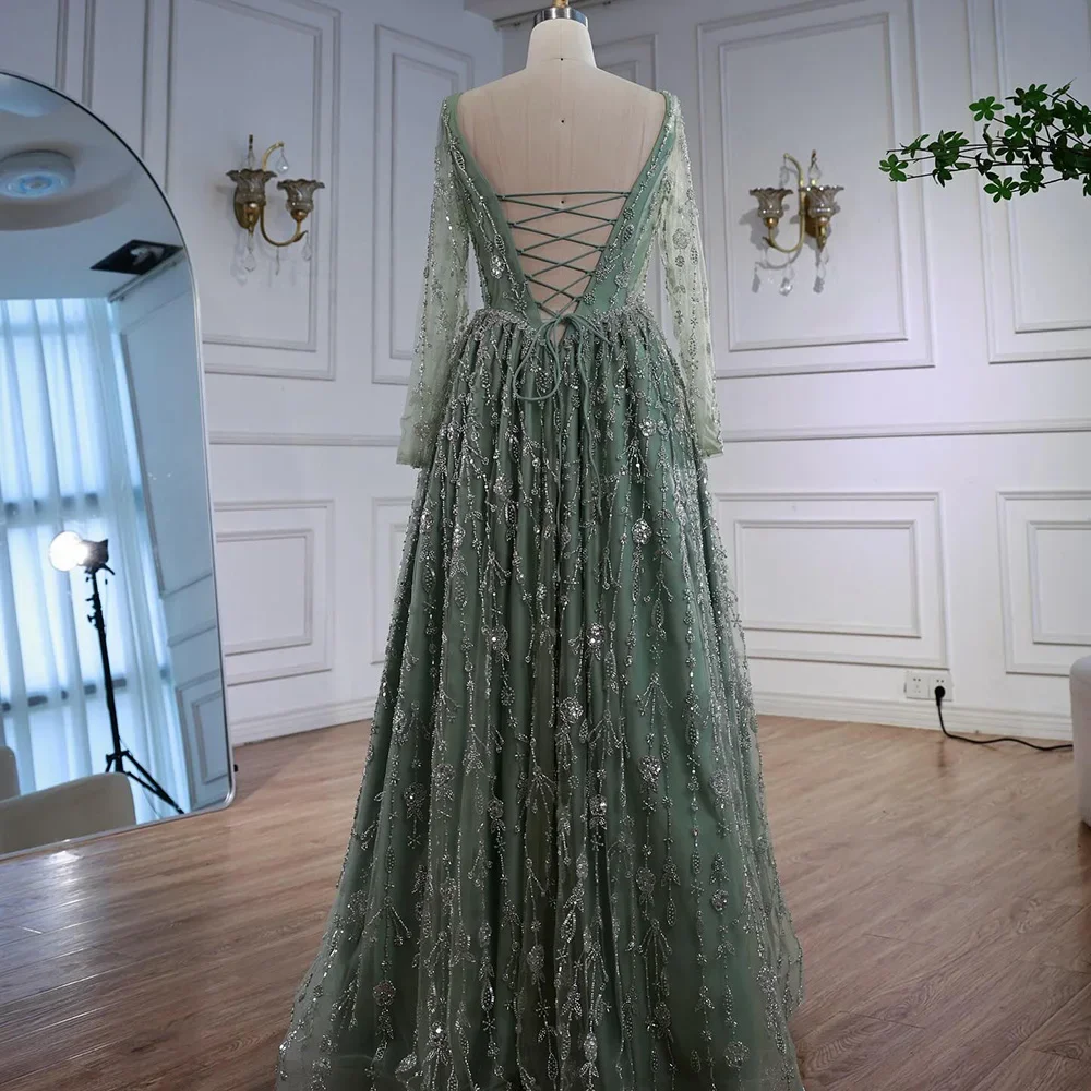 فستان سهرة من SERENE HILL مخصص عربي حكيم أخضر فاخر مطرز على شكل حرف a 2026 بأكمام طويلة وأربطة للنساء فستان الحفلات CLA72805B