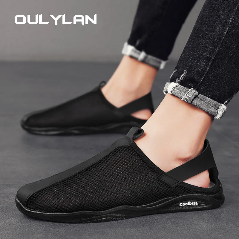 Oulylan Hollow Breathable Sandals for Men Soft Soled Lazy Driving Sandals Outdoor Beach Summer Closed Toe Mesh Wear Sandals