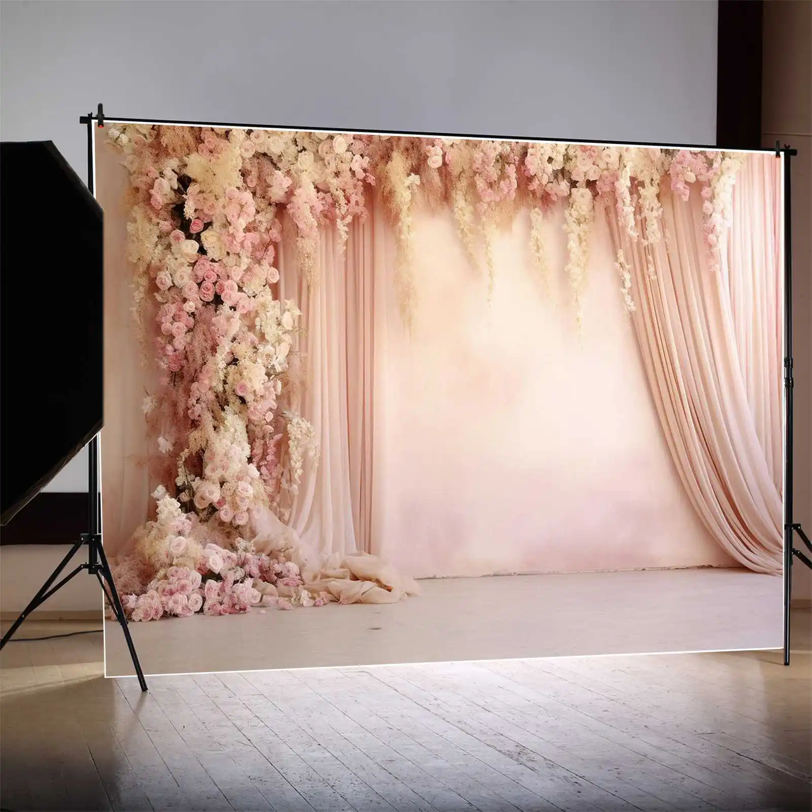 MOON.QG Backdrop Wedding Drapes Pink Flower Curtain Wall Photo Background Floral Fringe Decor Bridal Shower Party Shooting Props