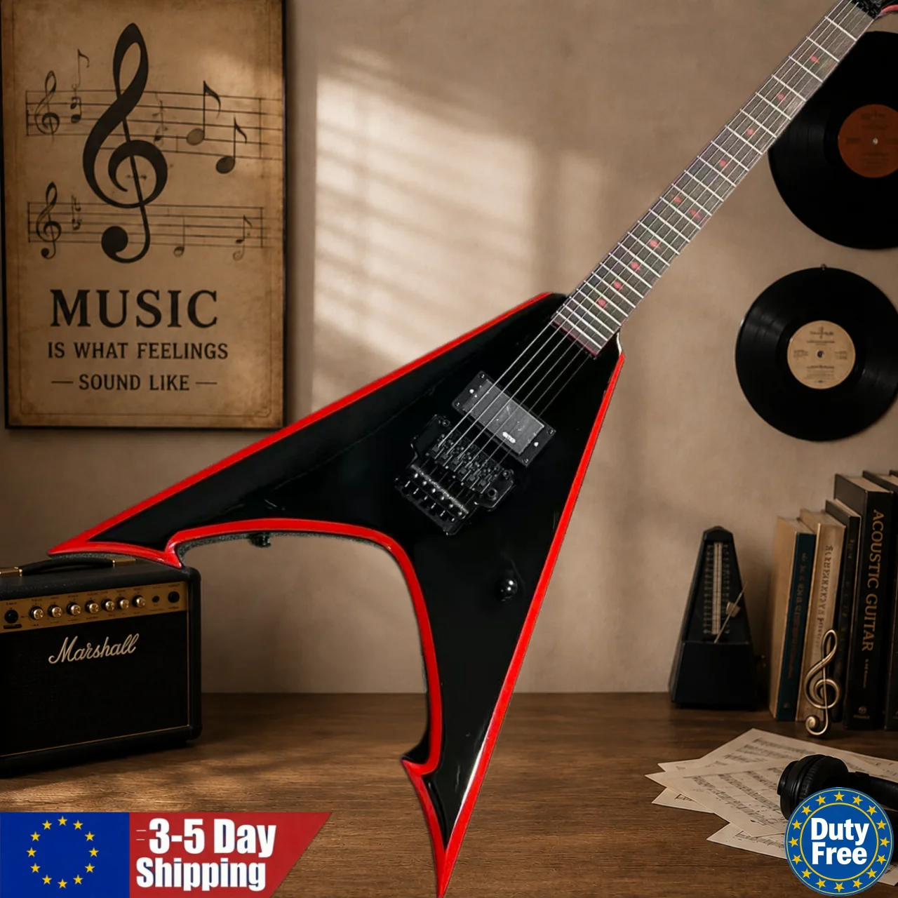 German Warehouse V-förmige E-Gitarre mit rotem Rand, 6 Saiten, schwarzer Hardware, 22 Bünde