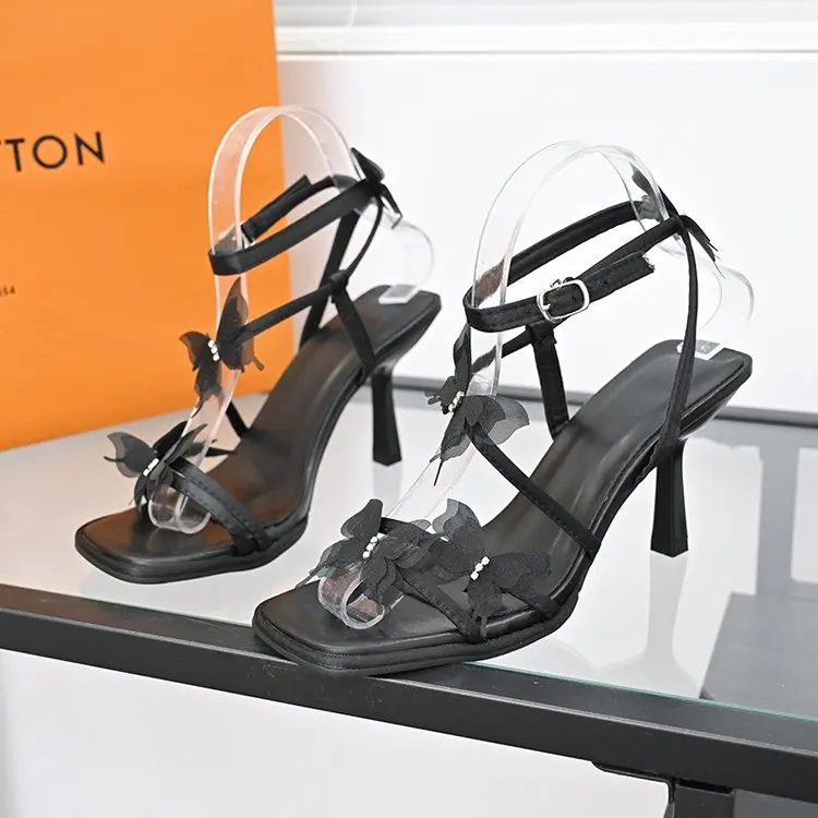 Women's 2026 New Fashion Butterfly-decorated Stiletto Sandals with Elegant Open-toed Sandals with One-word Buckle Design Summer