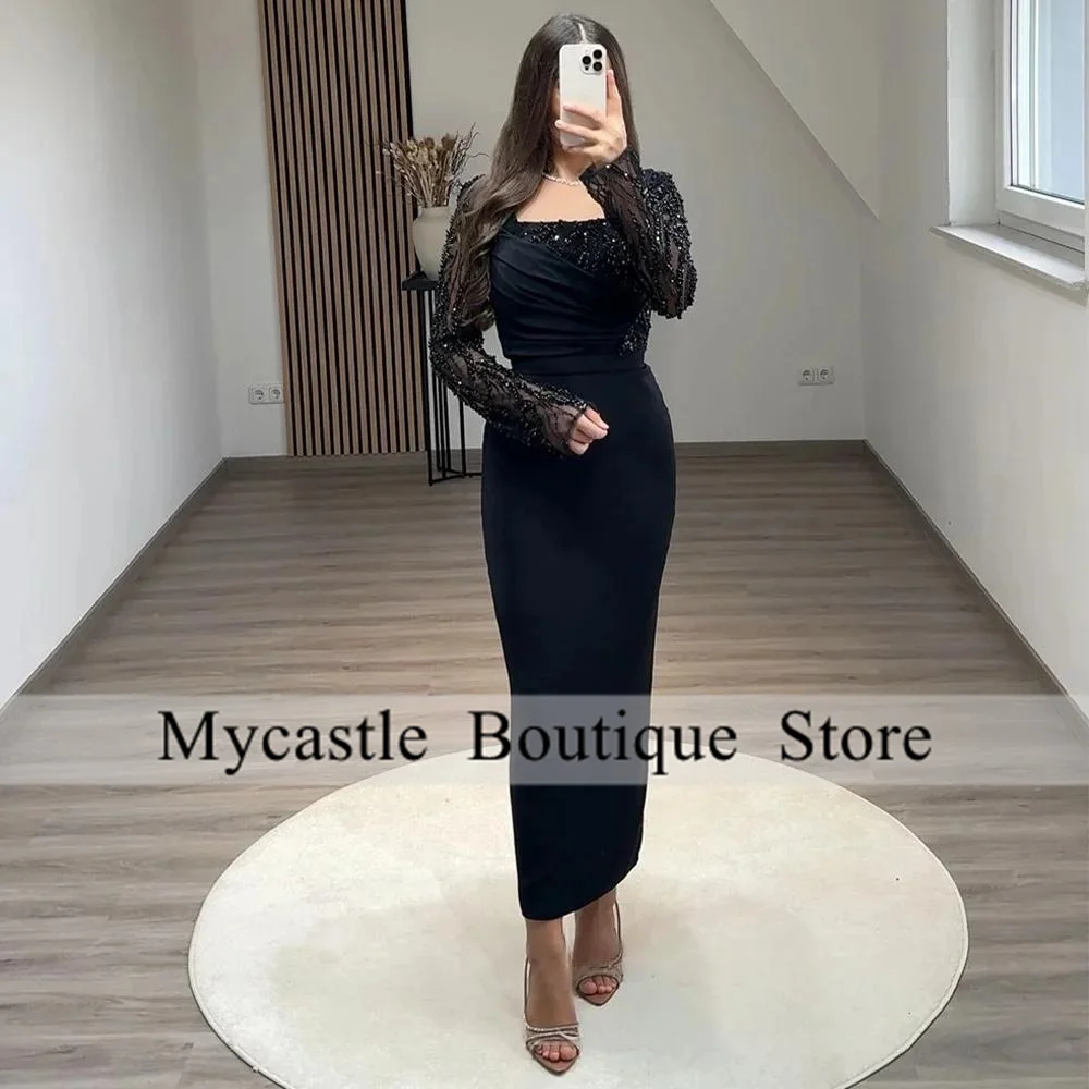 

Black Beaded Evening Dress Customized Long Sleeves Square Neck Pearls Ankle Length Arabian Prom Gown Formal Party Dresses