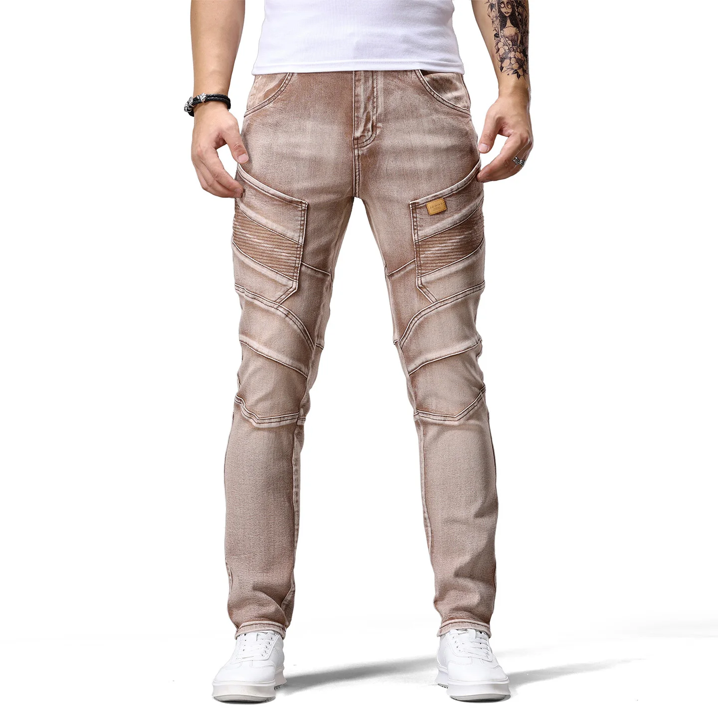High end men's seasonal trend retro elastic jeans with European and American street style splicing motorcycle tight denim pants