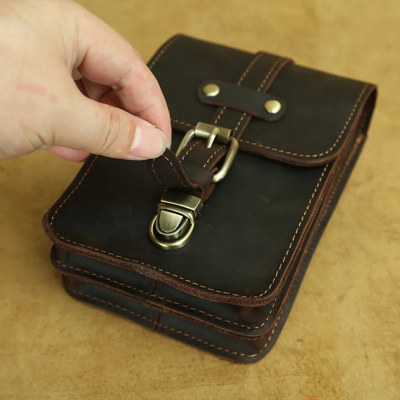 

Vintage Distressed Cow Leather Small Pouch Buckle Snap Closure Compact Coin Purse Retro Bronze Hardware Card Holder Waist Bags