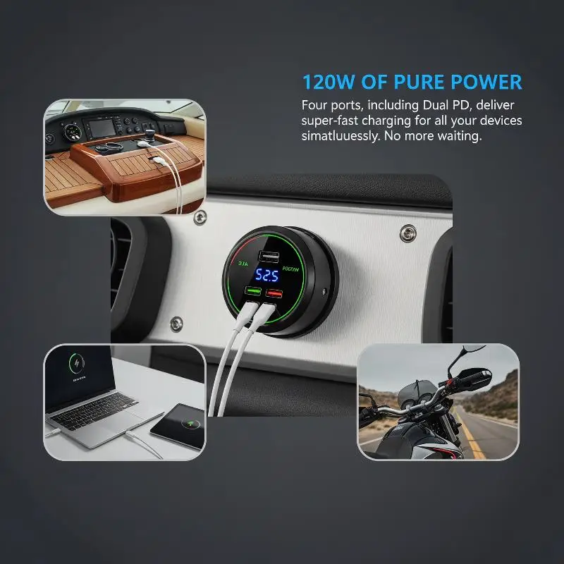 Car Charger Socket Dual Type-C & Dual USB 4Ports Fast Charging Socket Waterproof