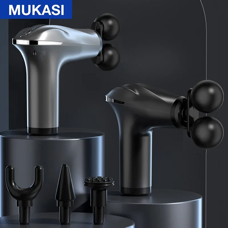 MUKASI-Pistola de Massagem Dupla Cabeça Massageador Corporal com 6 Níveis Ajustáveis, 4 Cabeças de Massagem Muscular, Recuperação de Relaxamento e