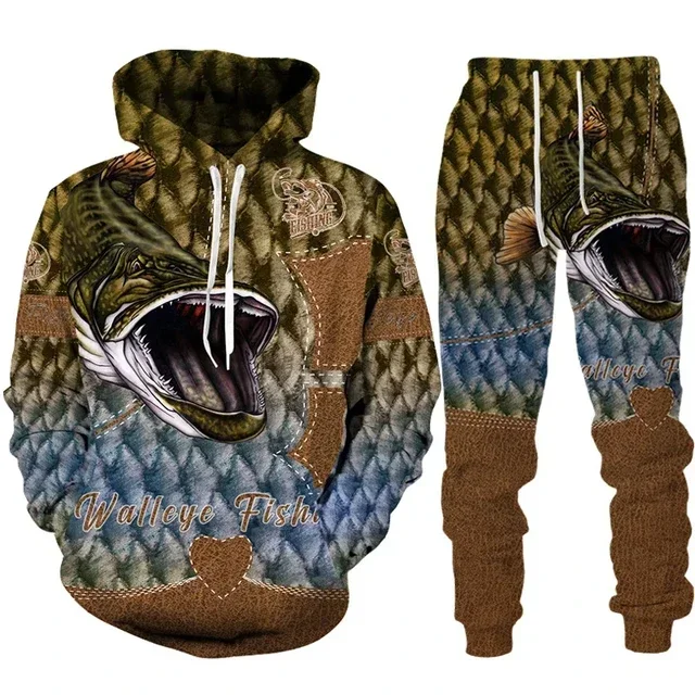 Animal Fish Hunting Camo 3D Printed Hoodie+pant 2Pc Set Harajuku Unisex Cool Tracksuit Fashion Hip Hop Streetwear Clothing Suit