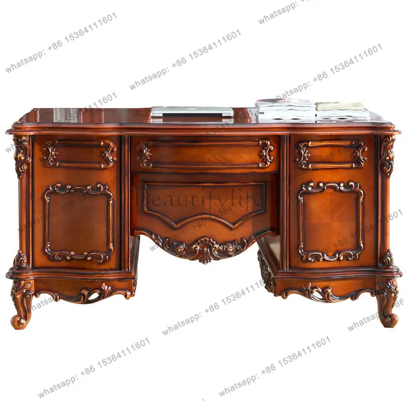 

European style solid wood computer desk, writing desk study set full set of bookcases, high-end high-end household