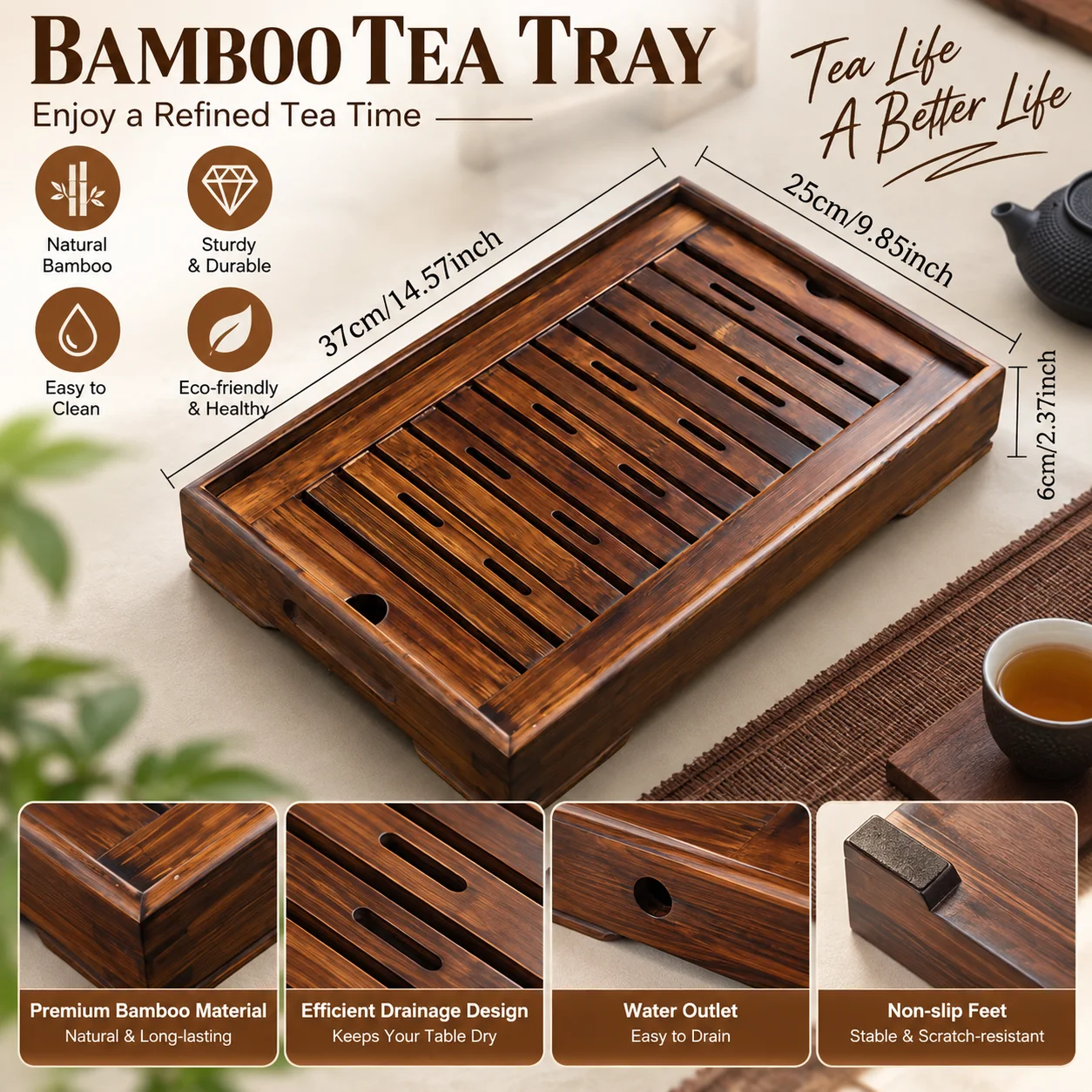 Water Retaining Chinese Bamboo Serving Tray Circular Reusable Tea Platter for Coffee Beverage Kettle Home Kitchen Dining Bar