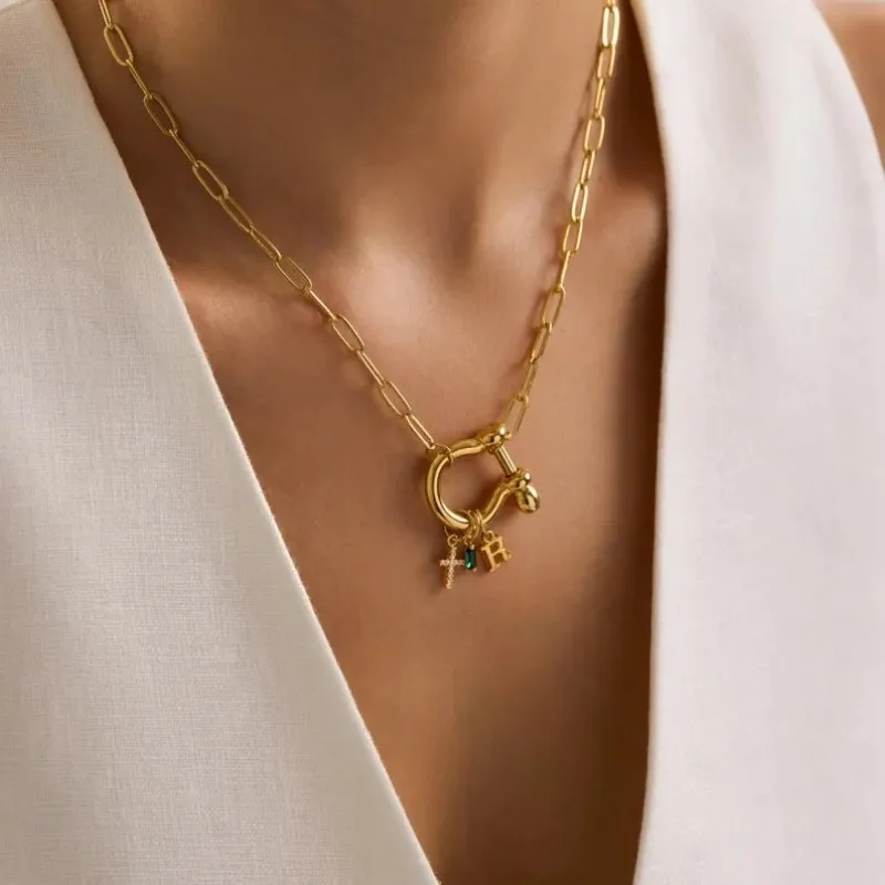 

Gold Plated Cross Initial Birthstone Carabiner Necklace, Personalized Gift. Screw Clasp Necklace Women's Jewelry Birthday Gift