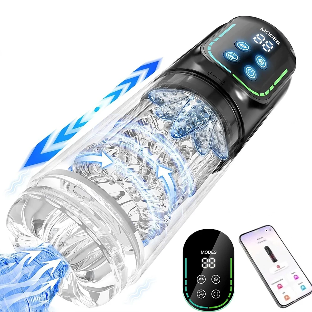 APP LED Fully Automatic Male Masturbator Cup Heated Retractable Rotating Suction Thrust Oral Sex Cup Male Sex Toy Vacuum Cup