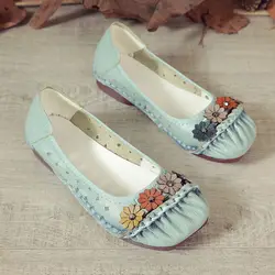 Plus size 42 Square Toe Retro Floral Flats Woman Sewing Cutout Shallow Loafers Genuine Leather Breathable Shoes Womens Moccasins