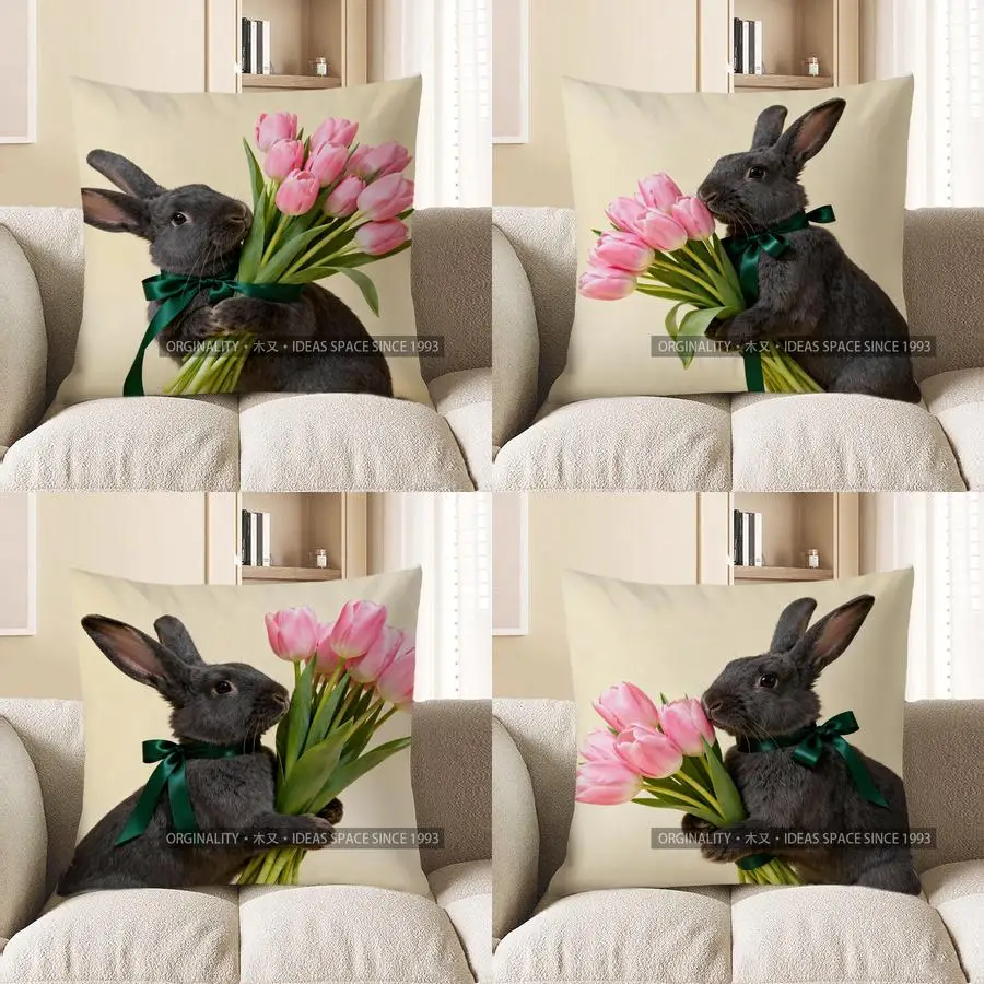 

2D серый кролик с розовыми тюльпанами, декоративная подушка с узором, чехол для подушки, подходит для дивана, спальни, автомобиля, наволочка