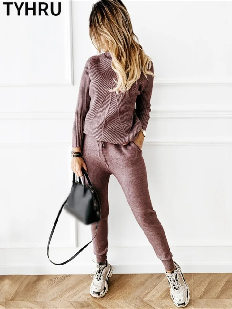 TYHRU Autumn Winter Women\'s tracksuit Solid Color Striped Turtleneck Sweater and Elastic Trousers Suits Knitted Two Piece Set