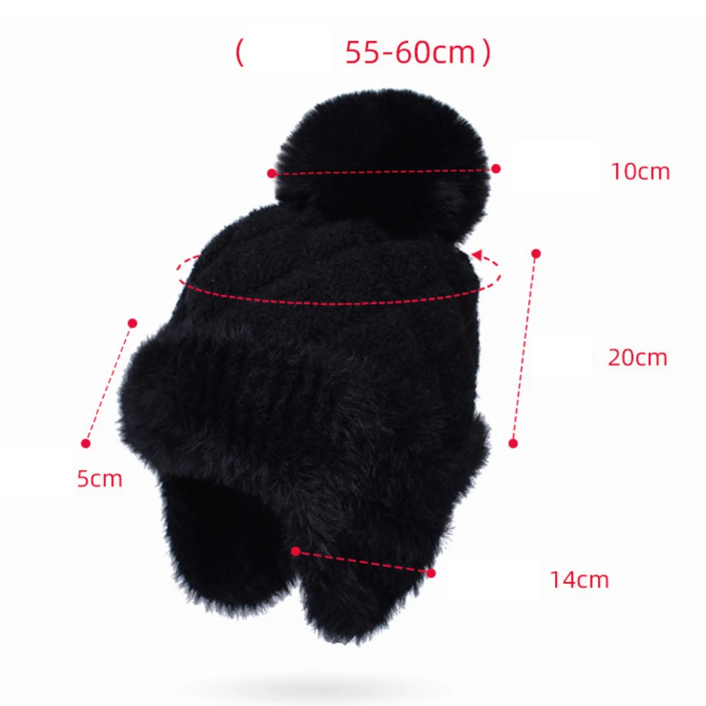 HT4472 Women Winter Cap Hat Ladies Thick Warm Snow Ski Earflap Cap Female Knitted Beanie Hat Fleece Lined Fur Pompom Russian Hat