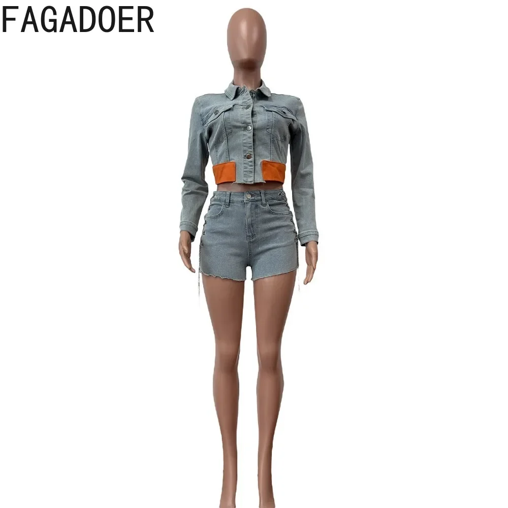 FAGADOER Fashion Y2K Denim Shorts Two Piece Sets Women Turndown Collar Long Sleeve Button Crop Top+Bandage Hollow Shorts Outfits