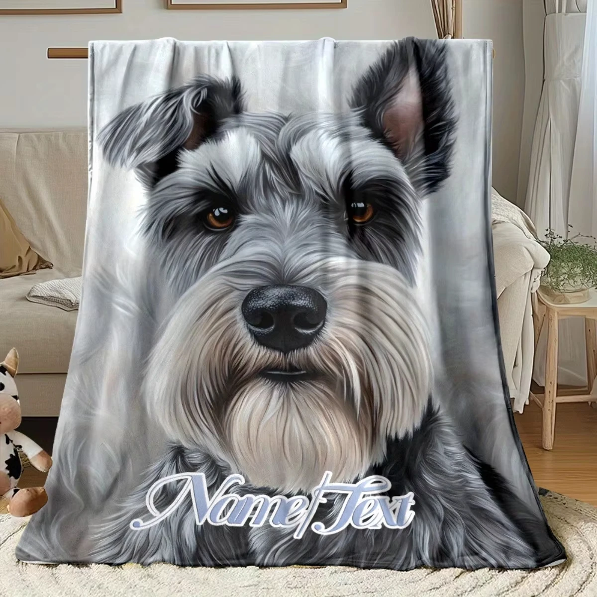 Winter Schnauzer Face Throw Blanket - Lightweight Flannel, Soft & Warm, Personalized Name Option, Ideal for Bed, Couch