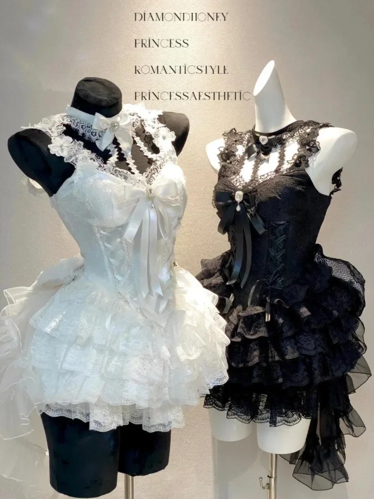 Sommer Süße Lolita Leibchen Kleider 2023 Neue Spitze Bogen Kuchen Kleid für Frauen Y2k Schlanke Taille Sleeveles Vestidos De Mujer