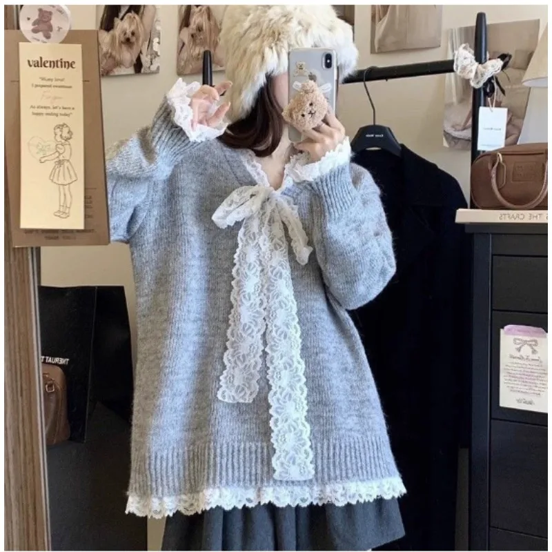 

Y2K Korean Thin Bow Knitted Pullover Female Sweet Lace Japanese Loose Sweater Office Lady Autumn Winter Oversized Y2k Outfits