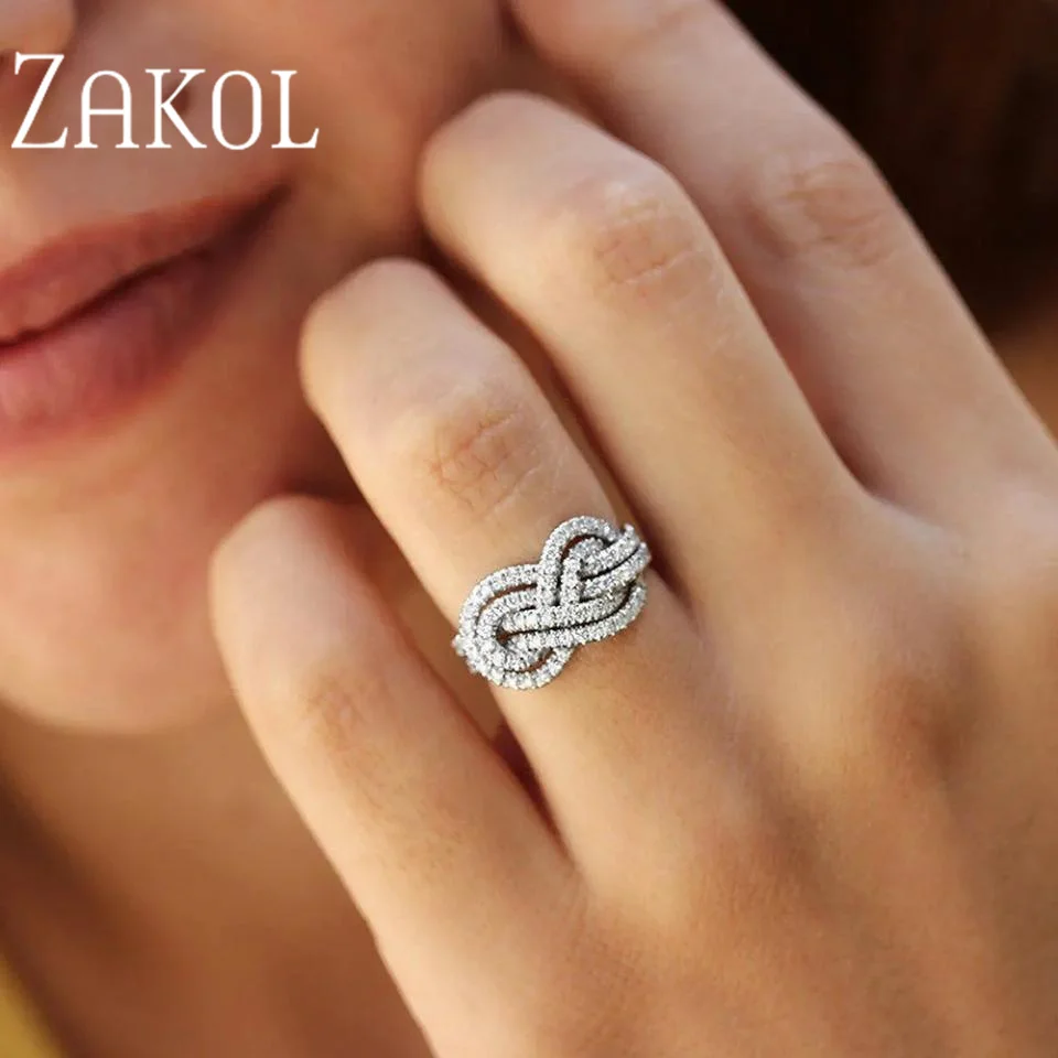 ZAKOL Classic Elegant Cross Knotted Zircon Women's Rings With Micro-set Geometric Copper Charm Fashion Wedding Party Jewelry