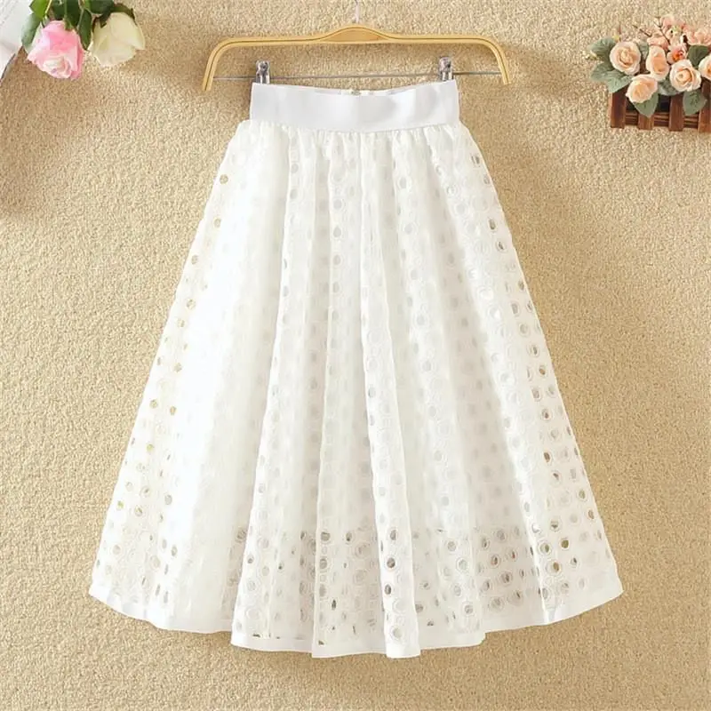 

2024 Spring Autumn Women New Mesh Hollow Out Skirt Female High Waist Long Clothes Ladies Solid Color Loose Casual Skirts O759