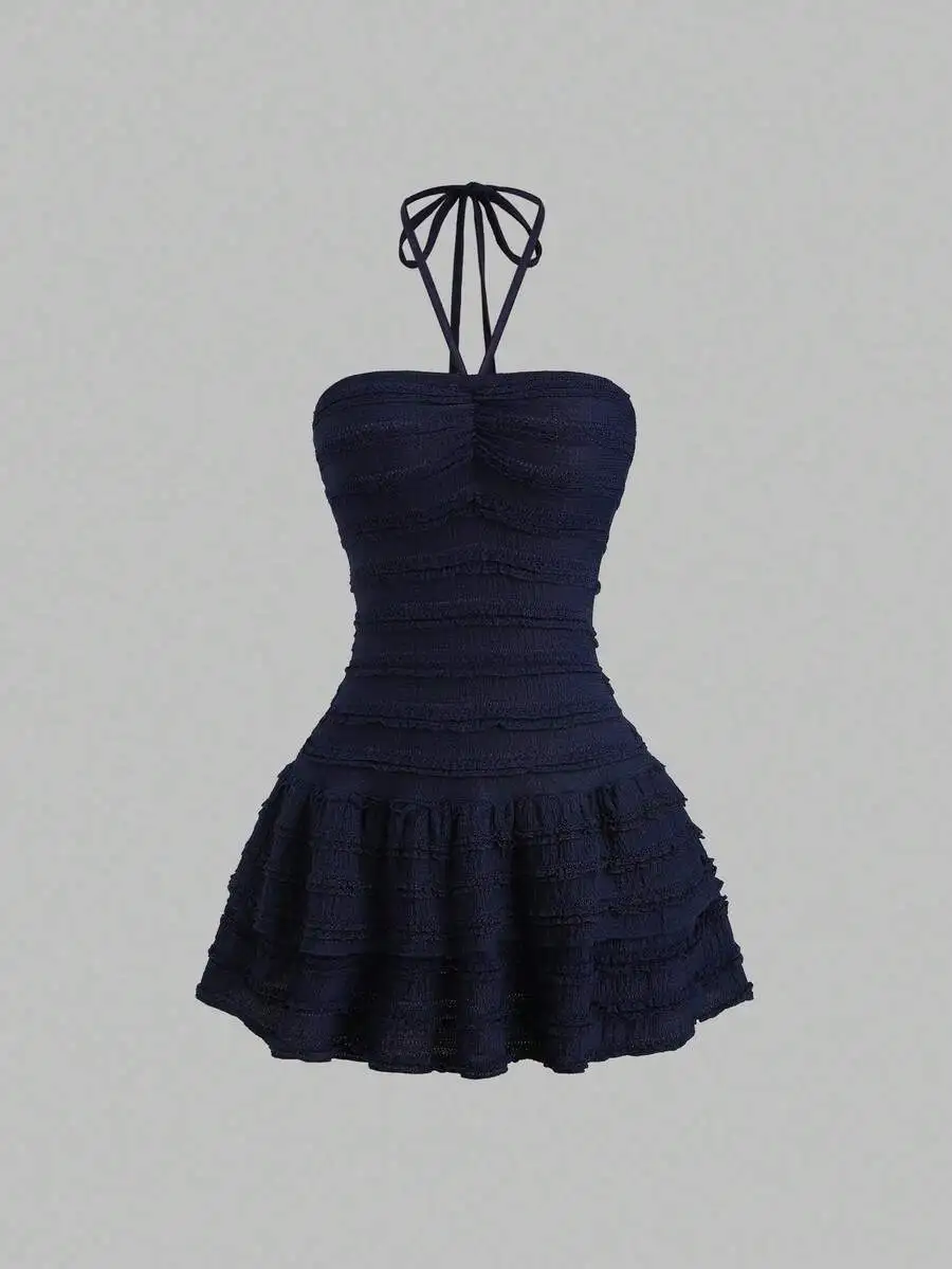 

Navy Blue Textured Halter Neck Ruffle Hem Mini Dress